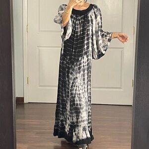 Tie Dye Viscose Off Shoulder Tiered Hem Caftan Made In Italy